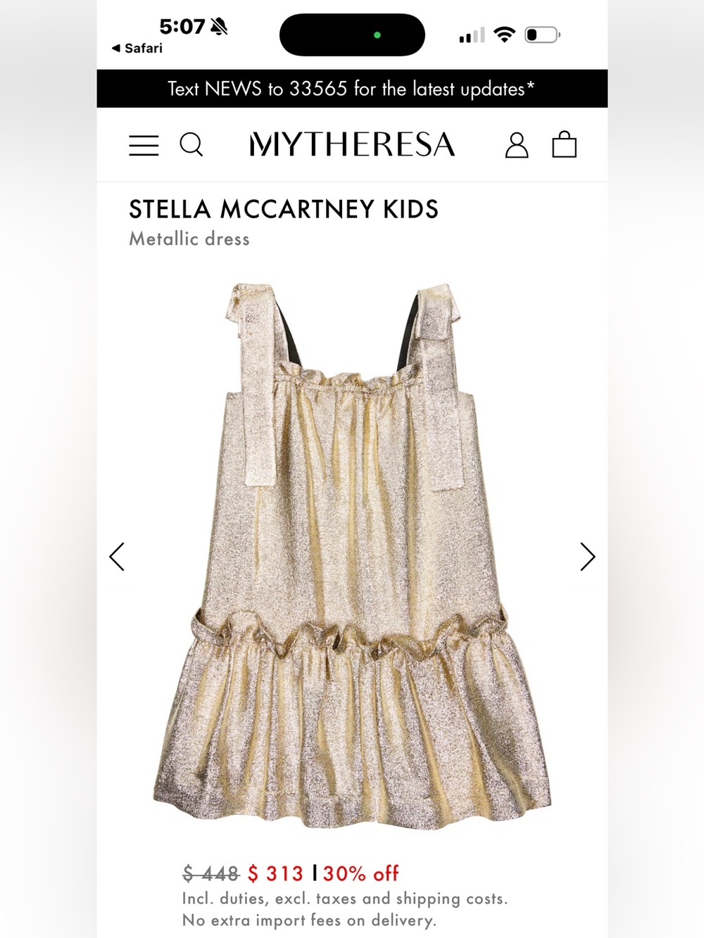 Stella McCartney Kids Metallic Gold Ruffle Sundress